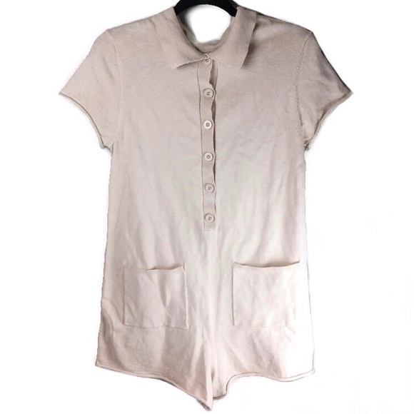 Wasabi + Mint Knit Rolled Trim Half Button Patch Pocket Tan Romper Size Small - Picture 1 of 10